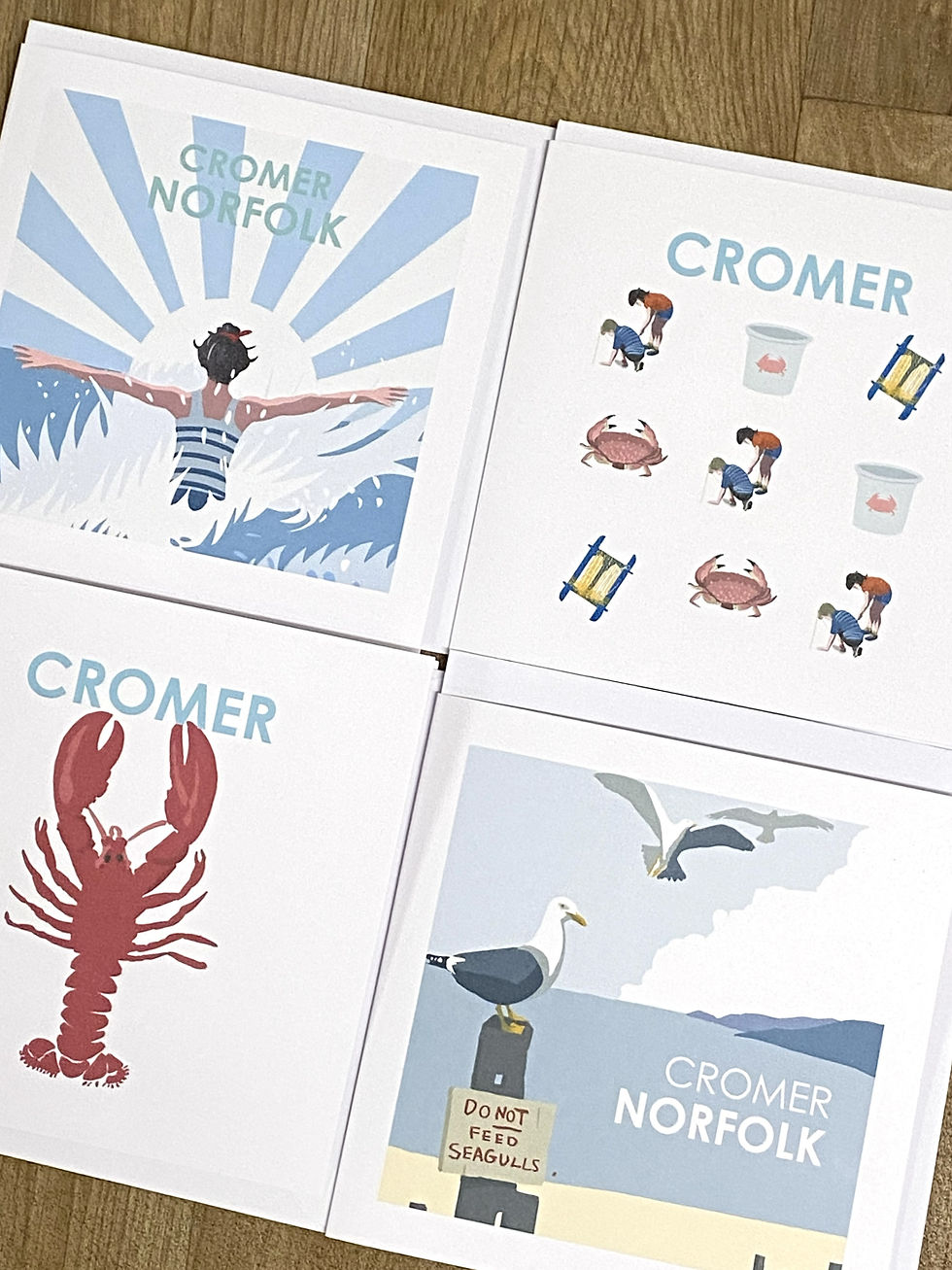 selection of greetings cards showing images related to Cromer, a red lobster, crabs, seagulls, a woman in a striped bathing suit in the sea.