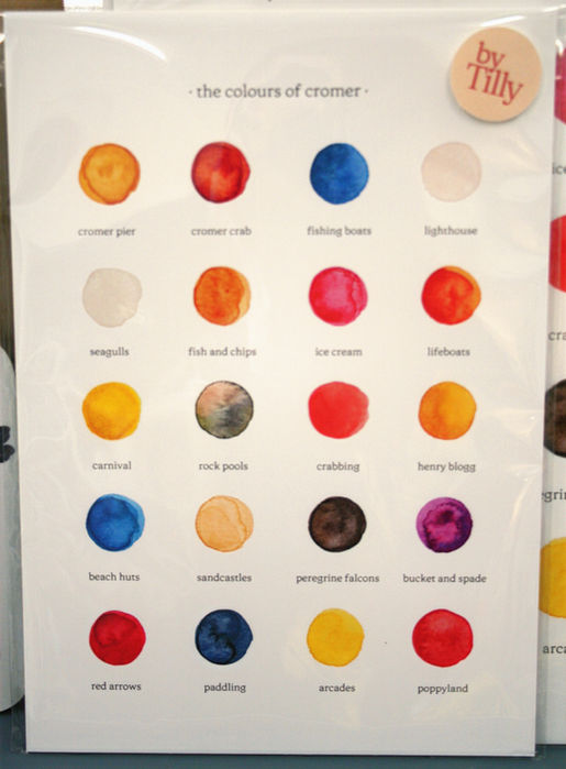 white greetings card printed with different coloured paint samples representing Cromer with descriptive words below each sample and By Tilly branding