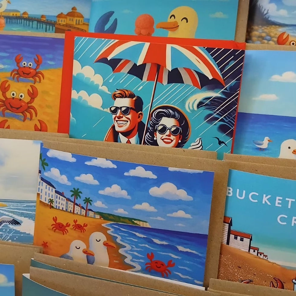 selection of colourful seaside themed greetings cards linked to the cards section of the website