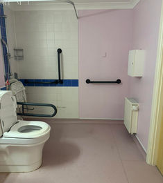 cleared accessible bathroom with white toilet and blue handrails