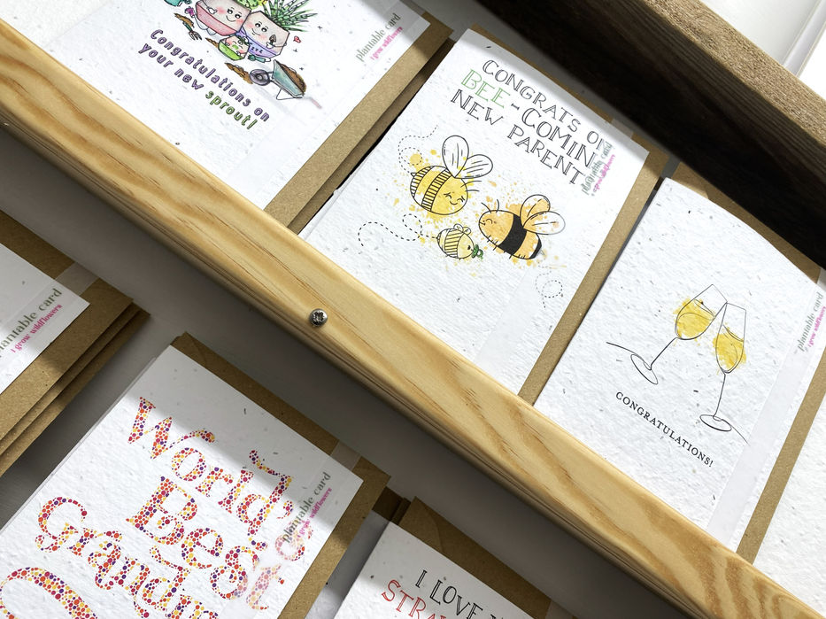 off white greetings cards with scenes involving bees and uplifting messages such as 'World's Best Grandma' with The Seed Card Company branding