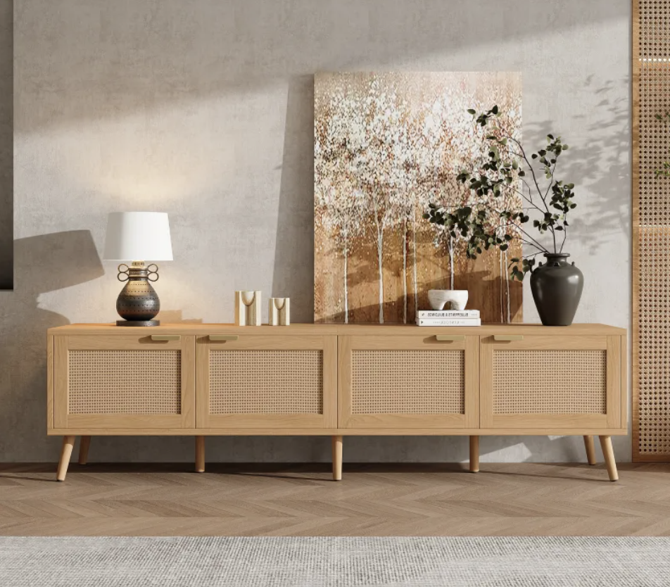 70 inch rattan door TV stand in natural wood finish