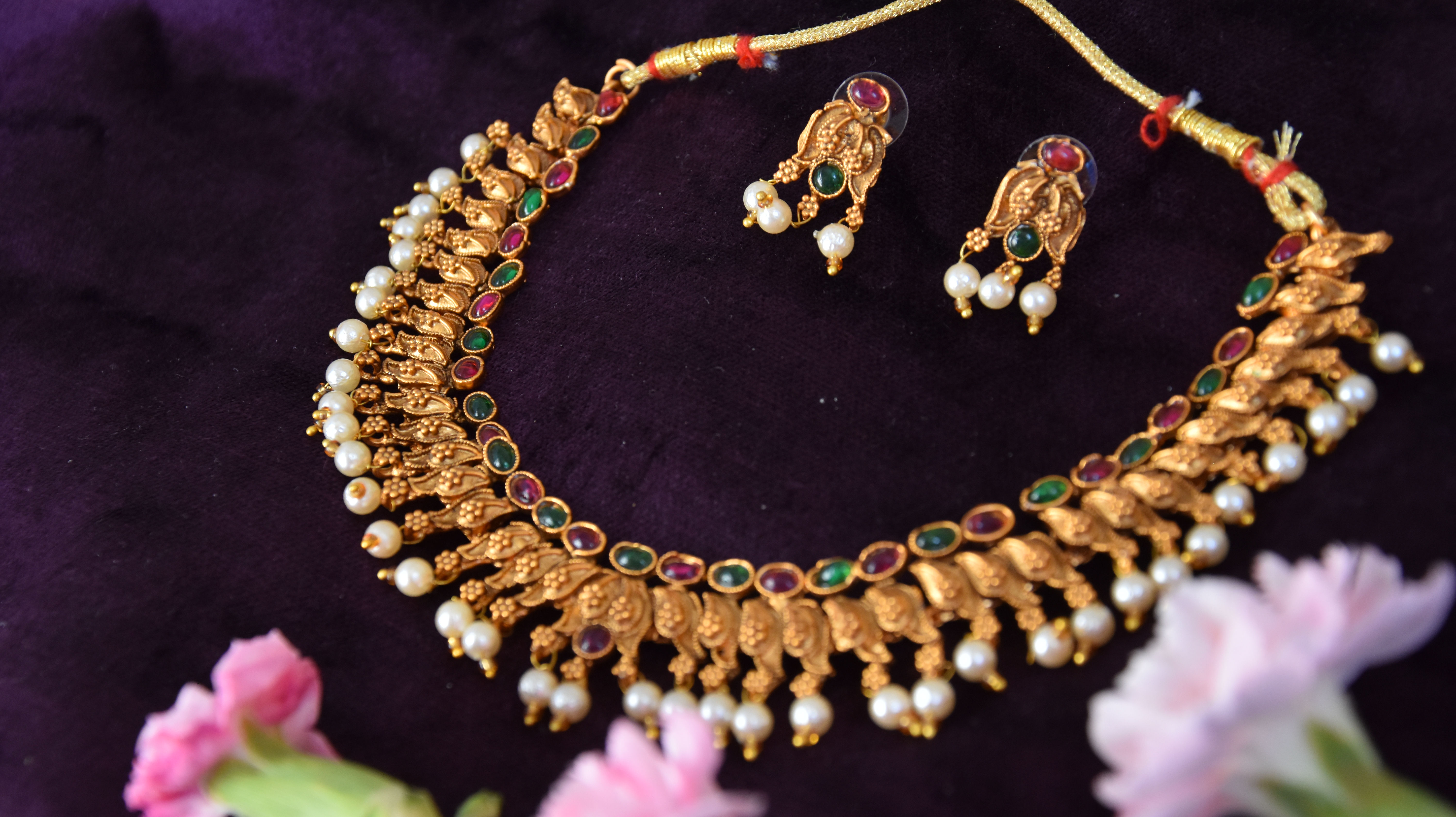 Temple Jewellery with necklace and earrings, meroon and green kemp and pearls