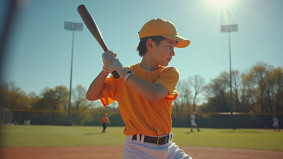 Eye-level view of a young baseball player practicing batting