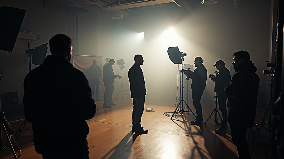 Wide angle view of a set with film equipment and lighting setup