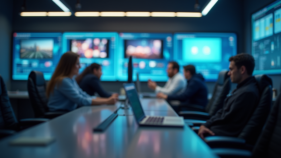 Eye-level view of a modern newsroom with multiple screens