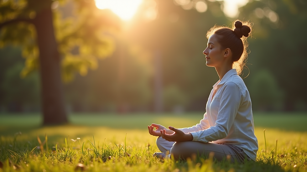 Close-up view of a person meditating in a serene outdoor setting