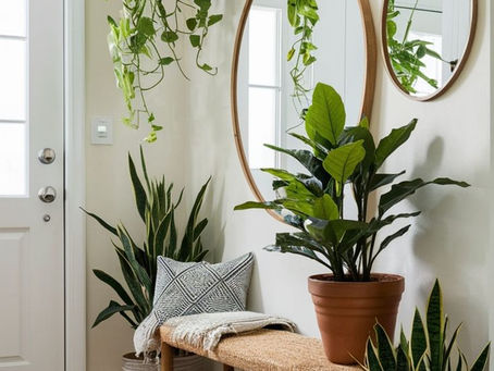 Hall de entrada com plantas e espelhos