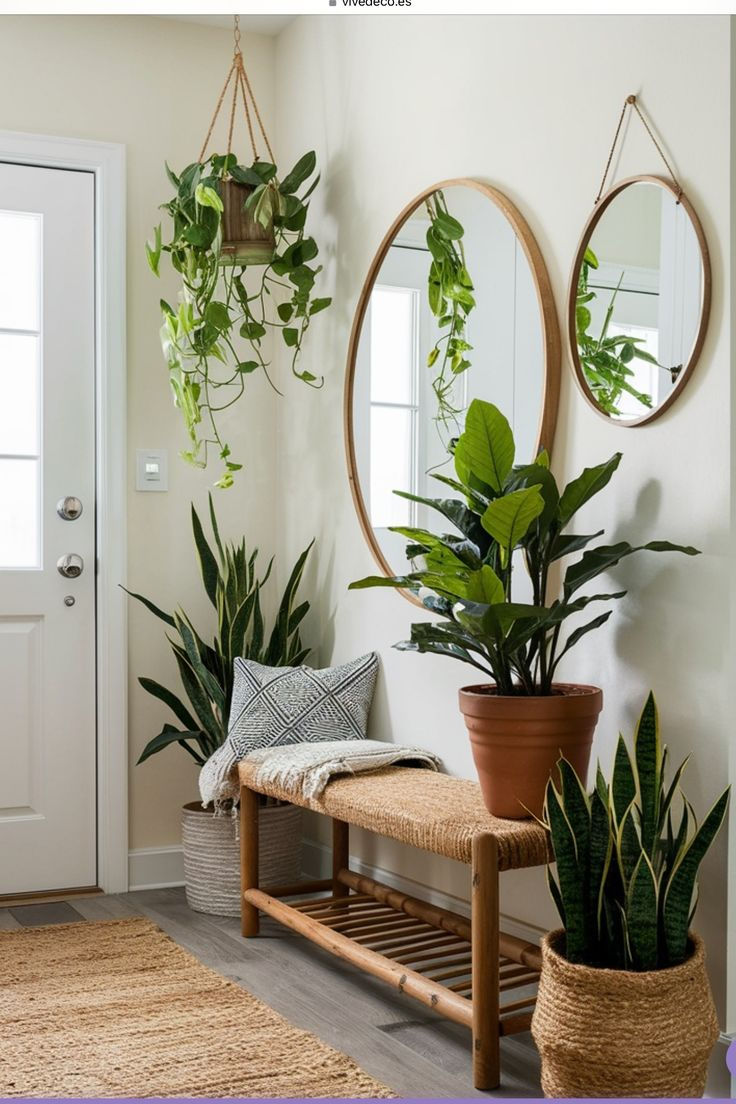 Hall de entrada com plantas e espelhos