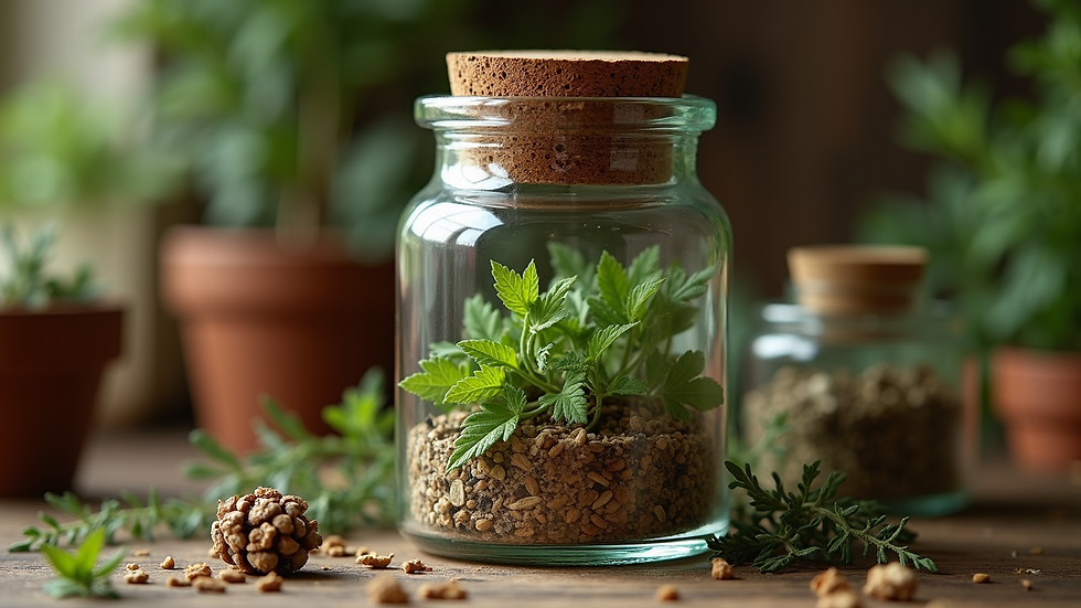 Close-up view of a vintage apothecary jar filled with herbal remedies