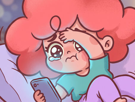 girl sitting on a couch, tears in her eyes as she scrolls on social media on her phone