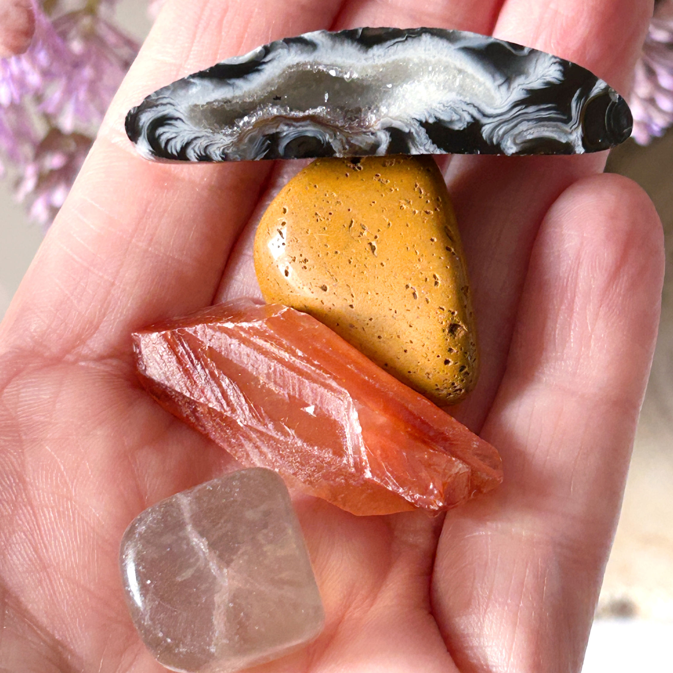 Focus and study crystal gemstone set with geode, Brown Jasper, Raw Red Calcite and Fluorite