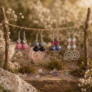A selection of handcrafted earrings displayed on a mini fairy clothesline from Wicked Stones