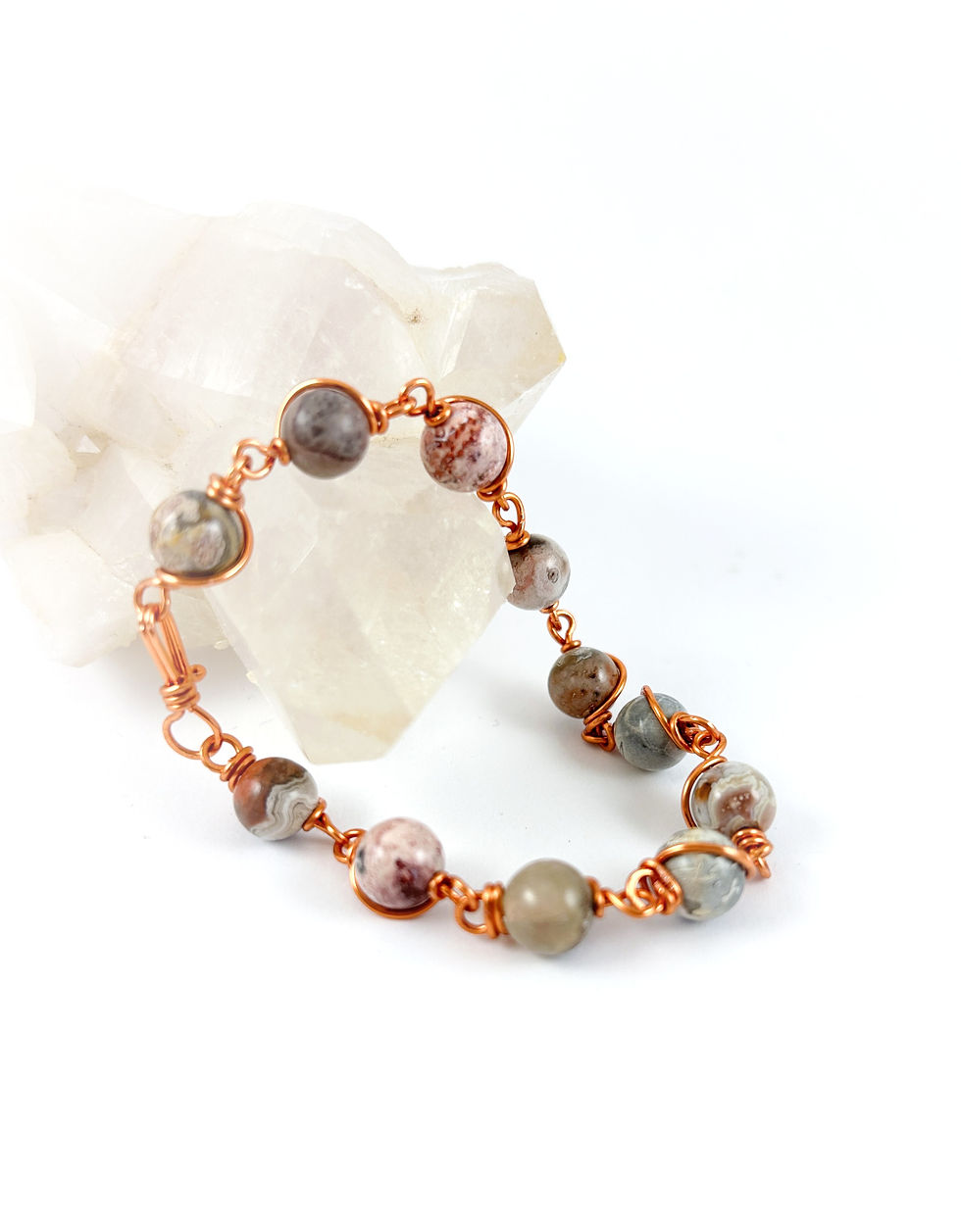 Thumbnail: Crazy Mexican lace agate bracelet for joyful energy and happiness. Handcrafted wire jewelry made in Canada by Wicked Stones
