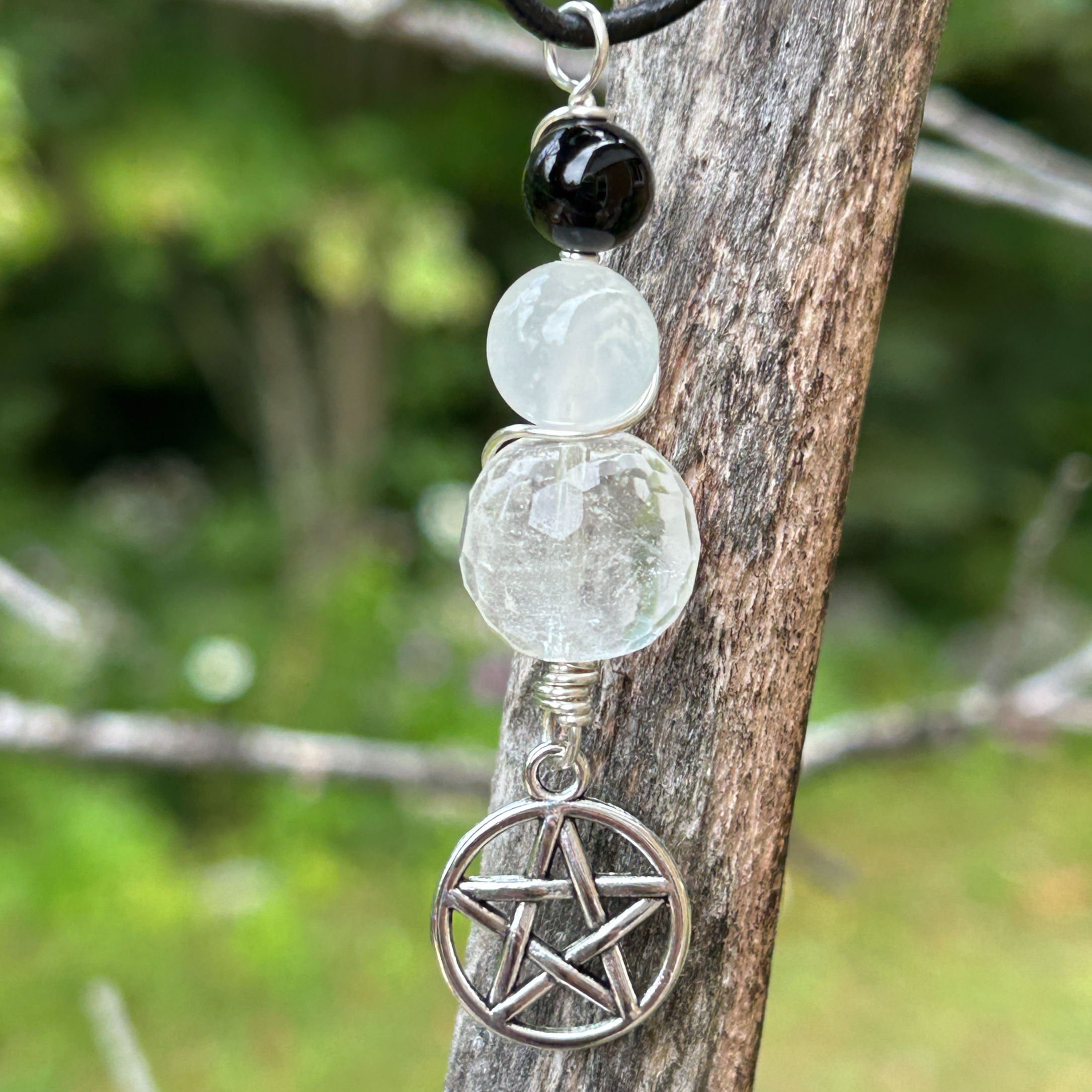 Triple healing crystal and pentacle necklace for lunar moon energy work. Pagan Canadian jewelry by Wicked Stones
