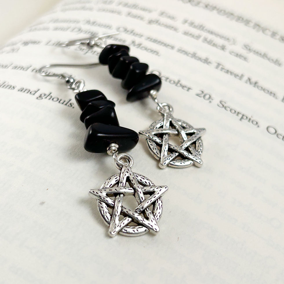 Jet and pentacle pagan earrings for protection from psychic attacks, curses and hexes. Pagan jewelry made in Canada