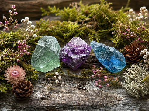Natural and polished fluorite crystals and jewelry at Wicked Stones in Canada