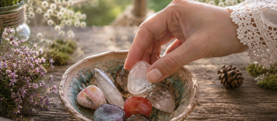 Someone choosing a crystal from a bowl from Wicked Stones. It is in a fairy cottage scene with beautiful polished gemstones and a lovely soft calm location.
