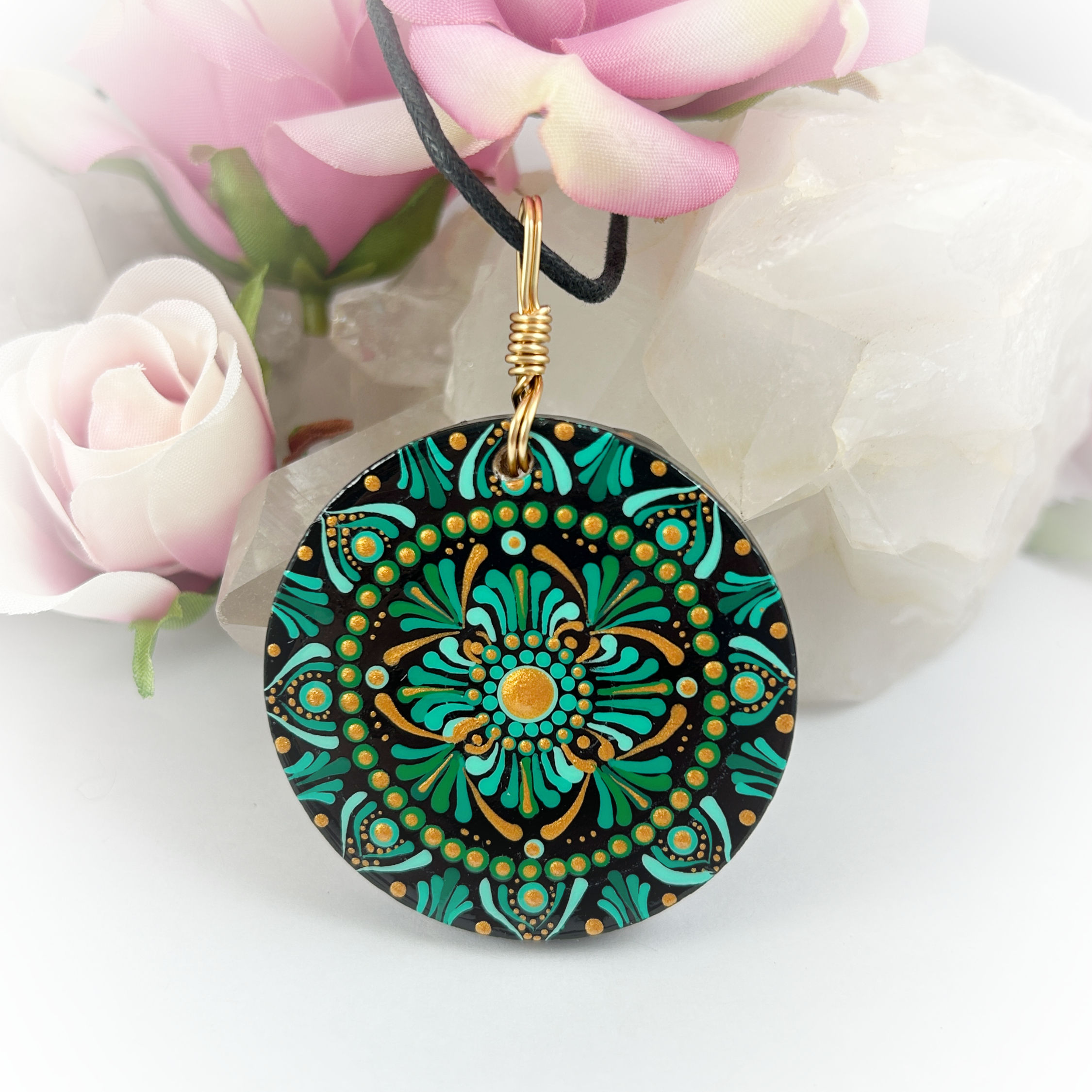 Hand painted Mandala art necklace in a boho bohemian style. Green with gold to attract luck and abundance to you