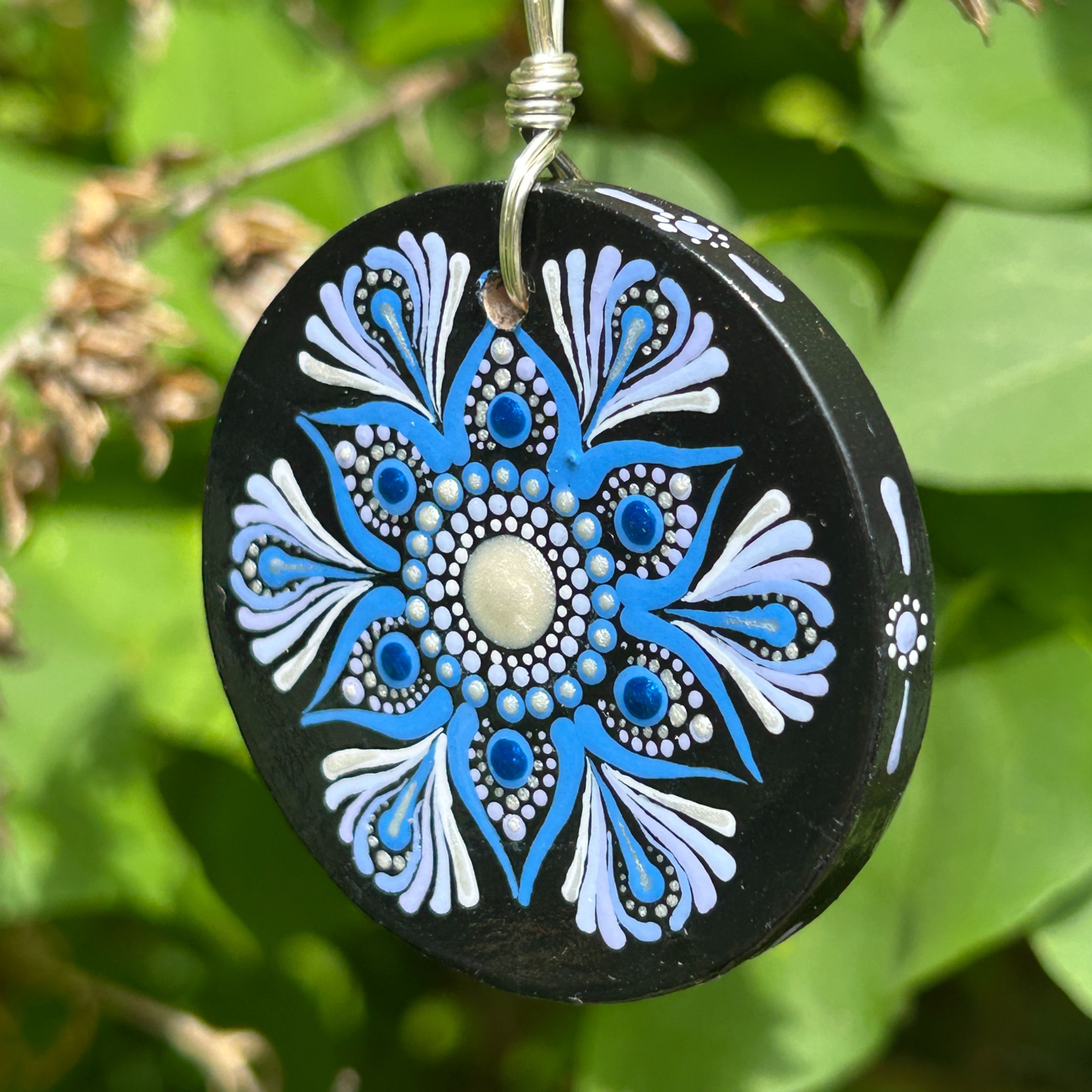 OOAK original works of art handpainted pendants made of wood and blue acrylic paint by Wicked Stones