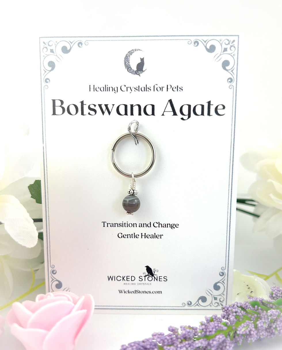 Thumbnail: Botswana Agate healing crystal collar pet charm.  Soothing gentle healing for cats and dogs.  Handmade in Canada