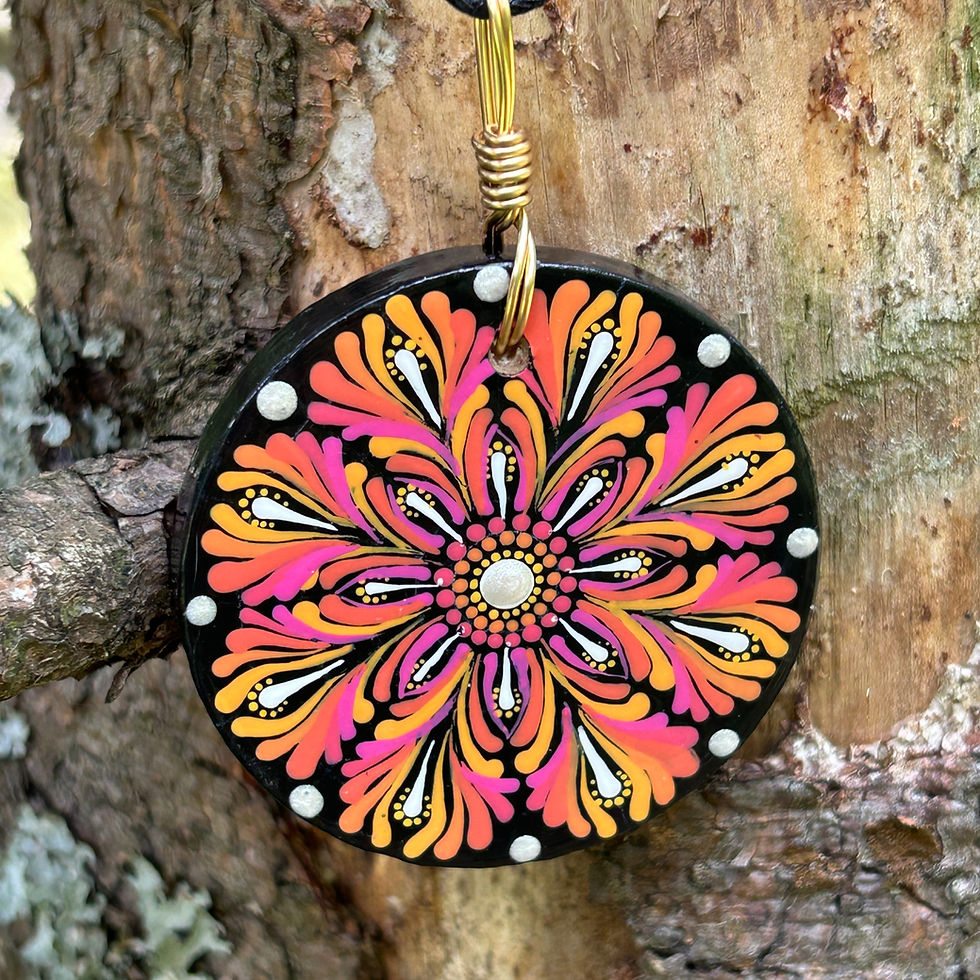 Tiger Lily flower wooden pendant, hand painted in warm orange and yellow dot art by Wicked Stones.