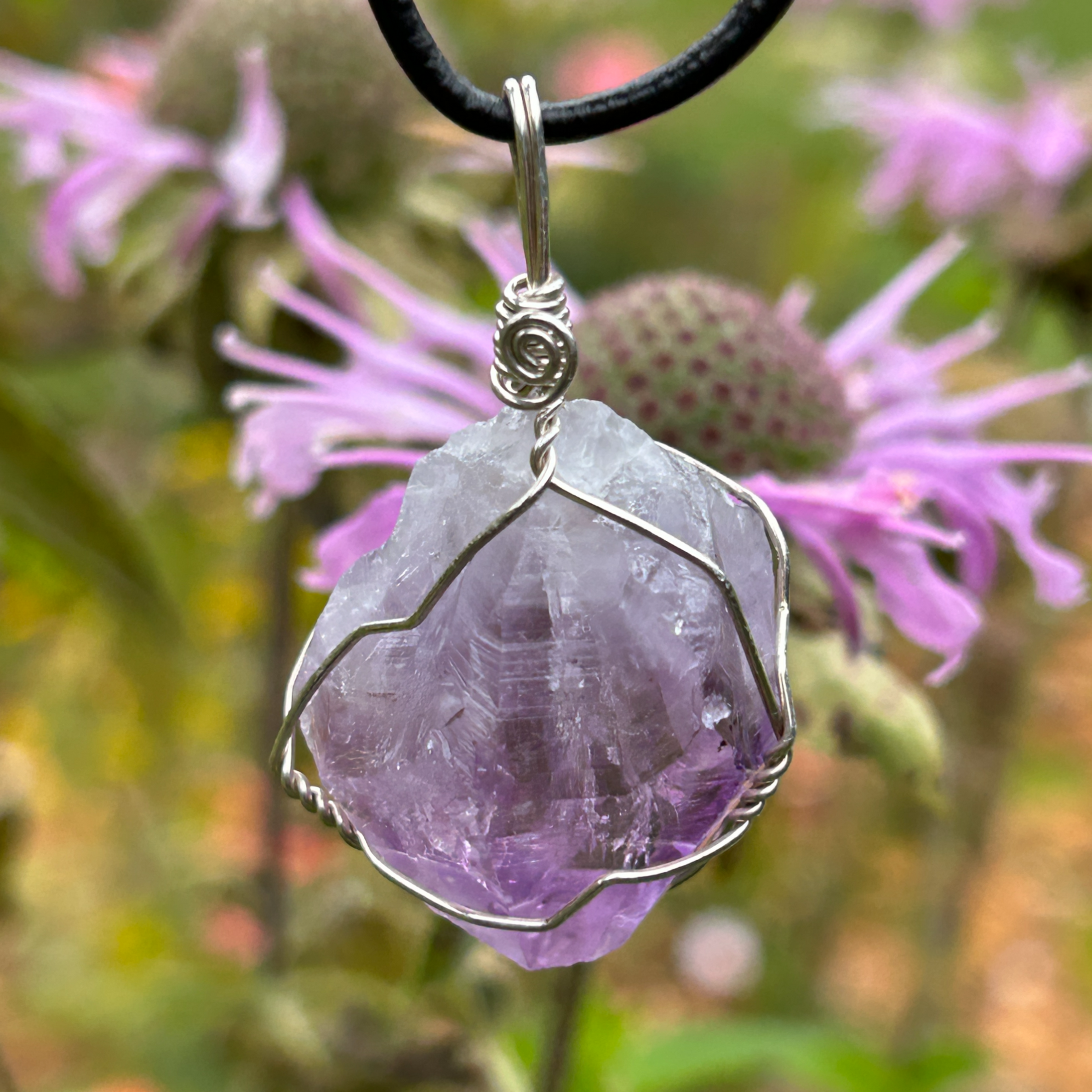 Unique purple amethyst necklace, natural crystal pendant set in sterling silver, perfect gift for meditation and energy work.