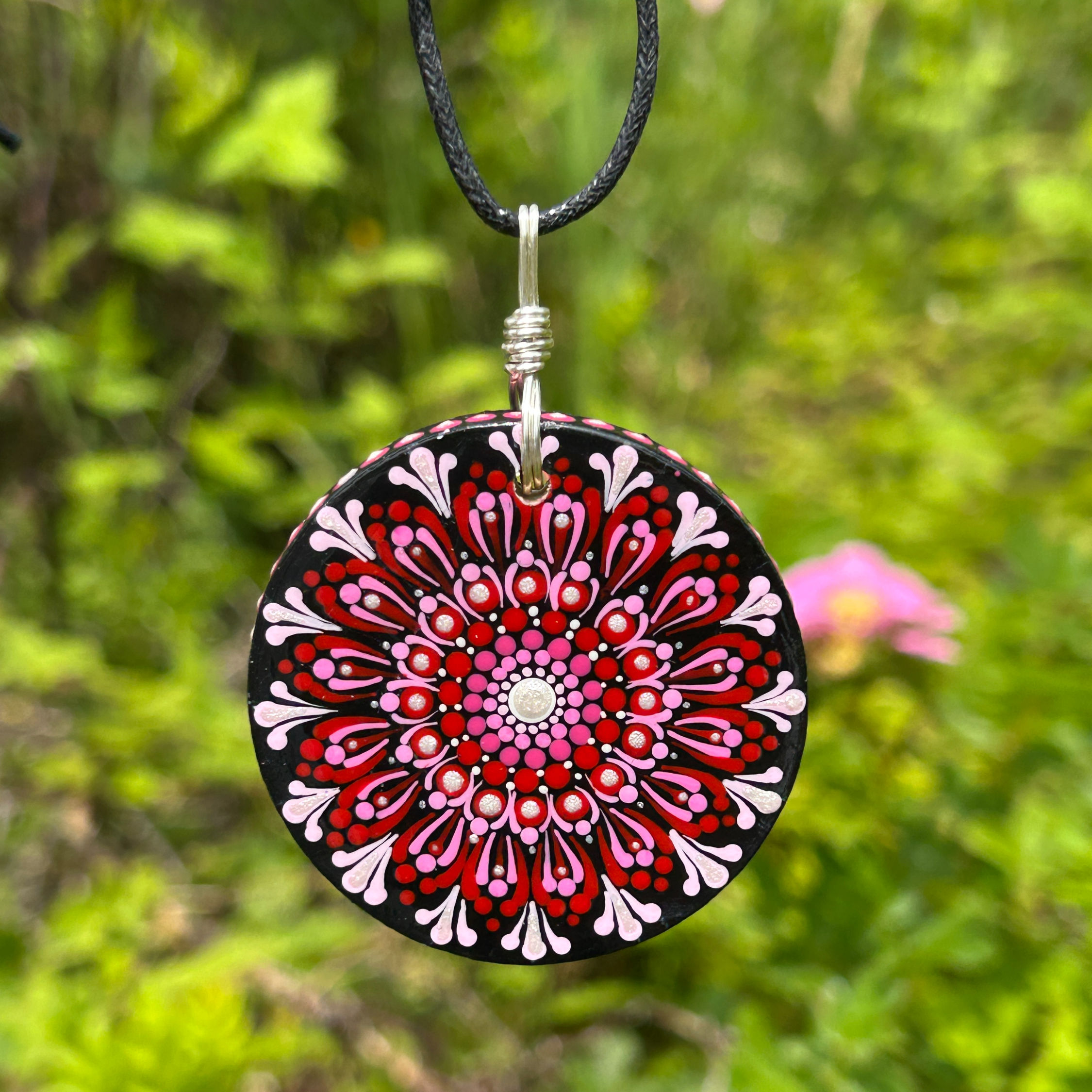Wild rose garden inspired art pendant by Wicked Stones. Pink and Red Mandala dot art necklace OOAK