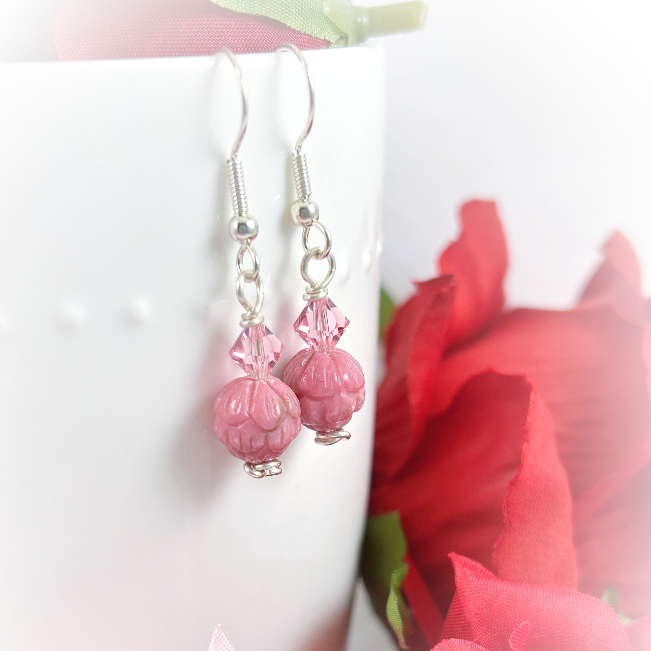 Canadian made Rhodonite flower bohemian earrings for self confidence and courage to change your life