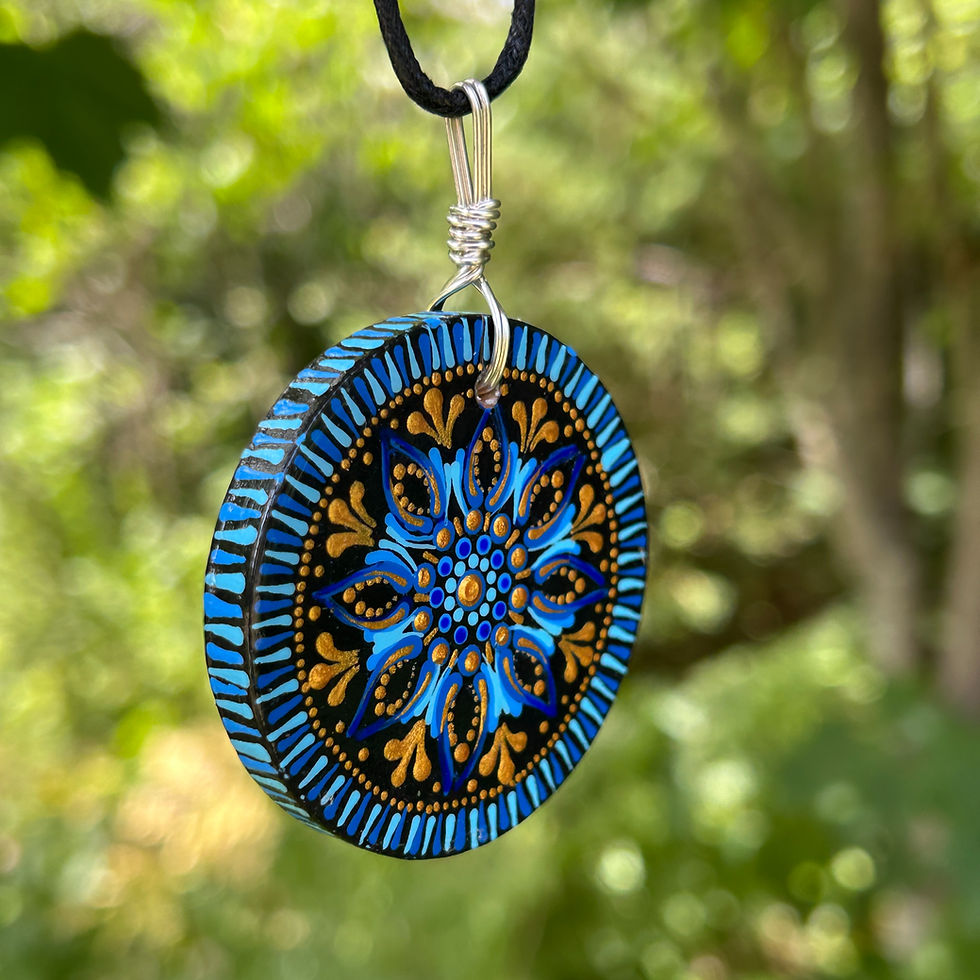 Thumbnail: Blue and Gold wearable art jewelry pendant necklace from Wicked Stones in Canada