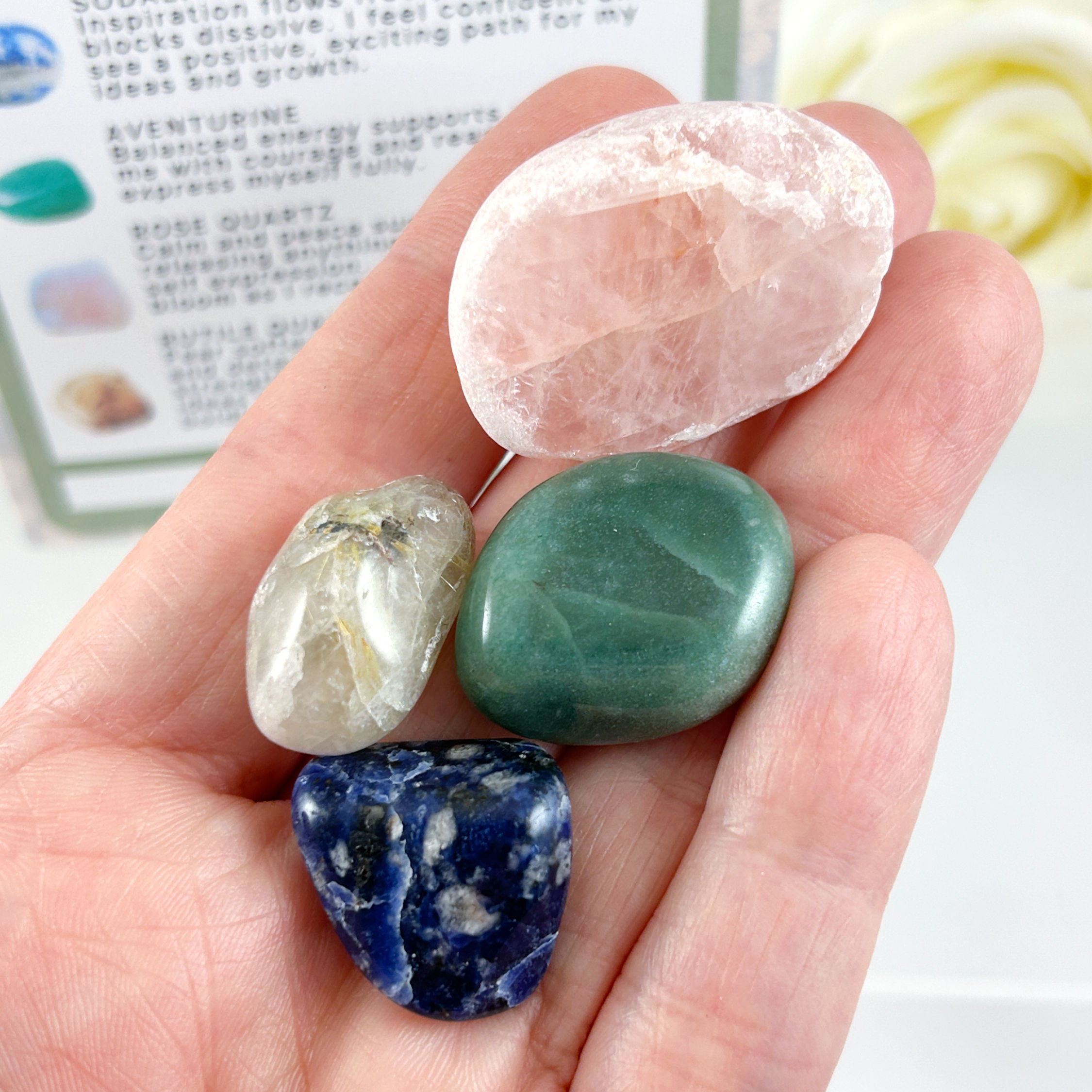 4 crystal set with Rose quartz, sodalite, aventurine and rutile to help inspire creative energy. Canadian crystal set