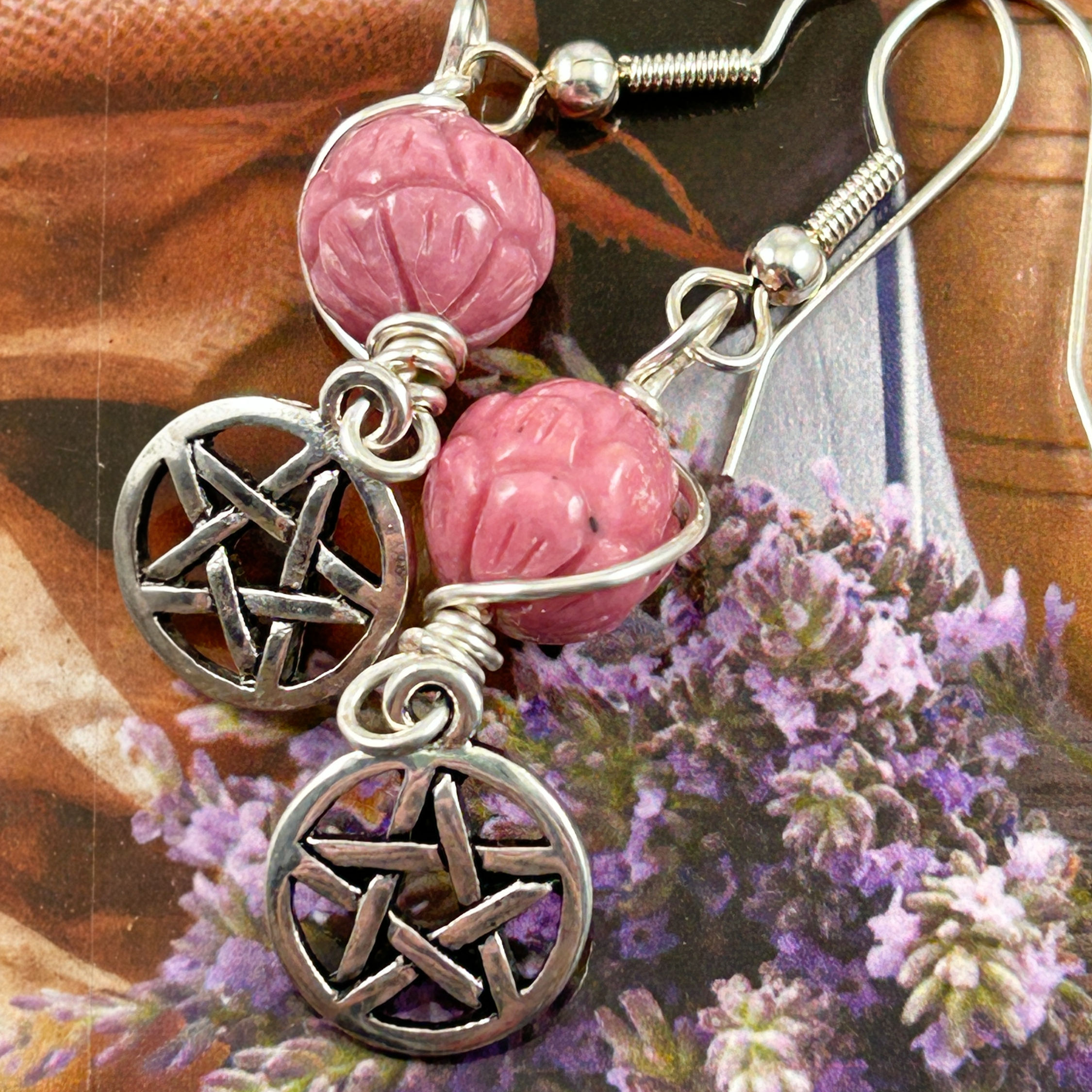 Canadian made Rhodonite flower bohemian pentacle earrings for self confidence and courage to change your life
