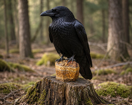 Wicked Stones Raven sitting on a beautiful brown Tigers Eye natural crystal