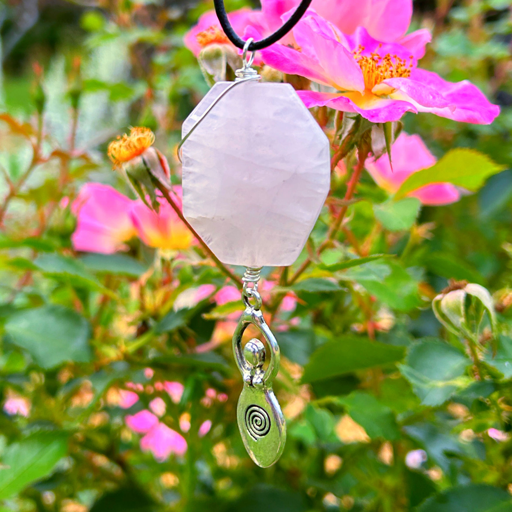 Rose Quartz Goddess Pagan jewelry pendant for soothing heart healing energy by Wicked Stones