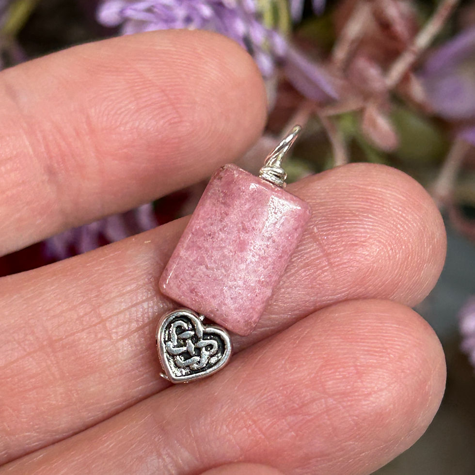Pink Rhodonite pet collar charm with silver Celtic heart from Wicked Stones in Ontario Canada
