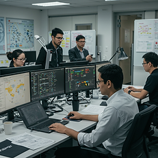 Engineers collaborating on software development at a UINMI-supported offshore center.