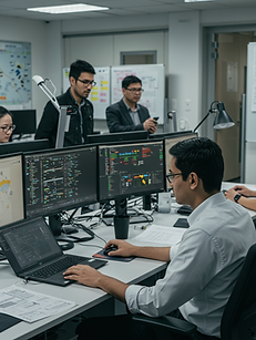 Engineers collaborating on software development at a UINMI-supported offshore center.