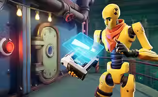 A capture of Fortnite Creative, featuring a character that looks like a test dummy, who is holding a device that is projecting an exclamation mark. They are standing in front of a steel door, with a locking device next to it.