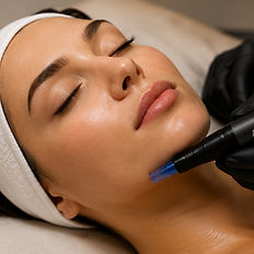 Microneedling pen being used across a client's cheek during a facial treatment