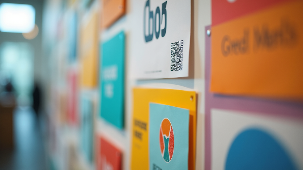 Close-up view of a colorful branding board with logos and design elements