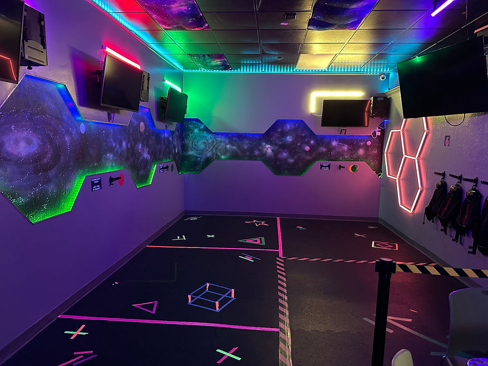 Wide angle view of a spacious virtual reality lounge with multiple VR stations