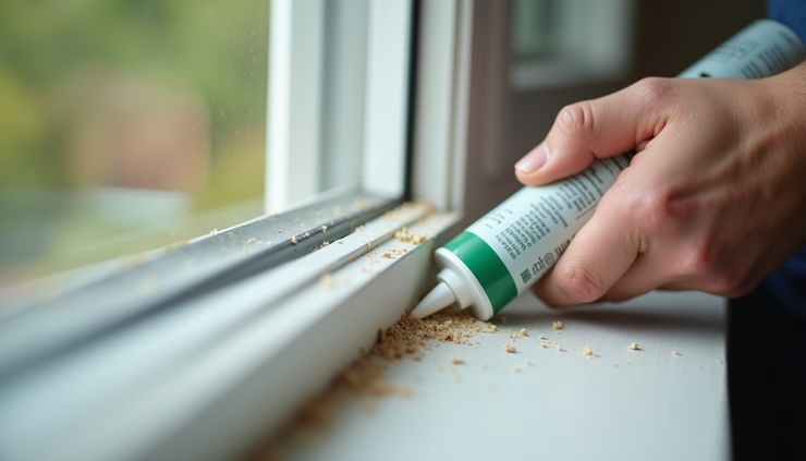 Close-up view of a homeowner applying fresh caulk around a window frame
