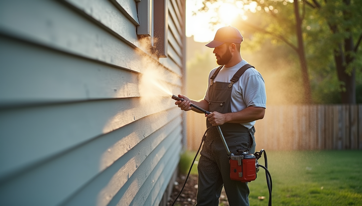 High angle view of a homeowner power washing the exterior siding of a house