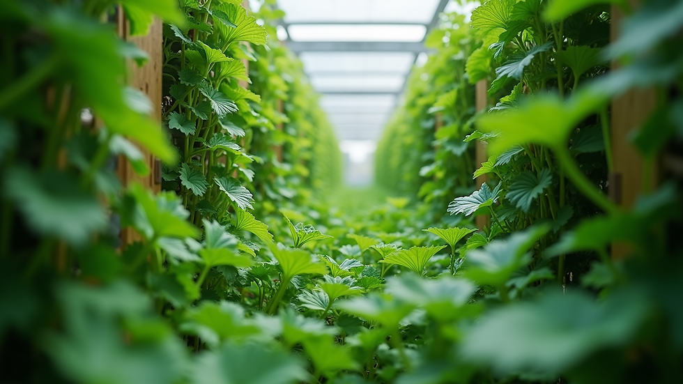 Eye-level view of vertical urban farm with green leafy plants
