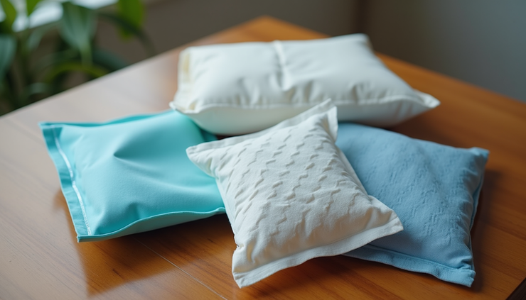 High angle view of ice packs and heating pads laid out on a wooden table