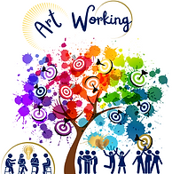 Le logo « Art Working » met en scène un arbre stylisé dont le tronc marron porte un houppier composé d'éclaboussures de peinture multicolores (violet, rose, rouge, orange, jaune, vert, bleu, turquoise), évoquant la créativité et la richesse des talents. Une dizaine de cibles de fléchettes (cercles concentriques bleu marine et blanc), certaines avec une flèche plantée au centre, sont disséminées dans le feuillage et symbolisent les objectifs atteints. Quelques papillons ajoutent une note de légèreté et de transformation.
En haut, le nom « Art Working » apparaît en calligraphie bleu marine manuscrite, surmonté et encadré par un demi-cercle doré façon halo.
En bas, trois pictogrammes circulaires cerclés de doré présentent des silhouettes bleu marine en situation de groupe : une scène avec une ampoule (idée, créativité), un cercle de personnes bras levés (cohésion d'équipe) et un petit groupe debout ensemble (collaboration).