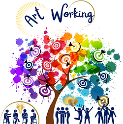 Le logo « Art Working » met en scène un arbre stylisé dont le tronc marron porte un houppier composé d'éclaboussures de peinture multicolores (violet, rose, rouge, orange, jaune, vert, bleu, turquoise), évoquant la créativité et la richesse des talents. Une dizaine de cibles de fléchettes (cercles concentriques bleu marine et blanc), certaines avec une flèche plantée au centre, sont disséminées dans le feuillage et symbolisent les objectifs atteints. Quelques papillons ajoutent une note de légèreté et de transformation.
En haut, le nom « Art Working » apparaît en calligraphie bleu marine manuscrite, surmonté et encadré par un demi-cercle doré façon halo.
En bas, trois pictogrammes circulaires cerclés de doré présentent des silhouettes bleu marine en situation de groupe : une scène avec une ampoule (idée, créativité), un cercle de personnes bras levés (cohésion d'équipe) et un petit groupe debout ensemble (collaboration).