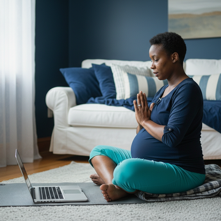 A woman sits in her living room floor while taking a remote virtual yoga class online