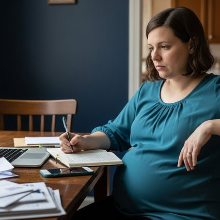 A pregnant woman sits at her kitchen table juggling her chaotic life