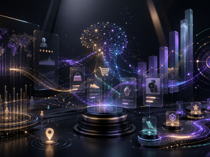 Visual sobre Marketing, IA y Ads, con flujos de datos, redes inteligentes, señales de autoridad digital, elementos de ecommerce y degradados analíticos en una estética futurista.